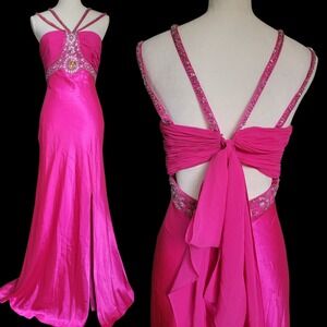 Cache Hot Pink Beaded Strappy Self-Tie Bow‎ Closure  Evening Gown Dress Size 6